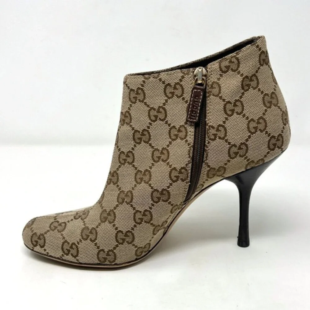 Gucci GG Monogram Ankle Boots Brown Canvas Heeled Booties 7 Y2K‎
